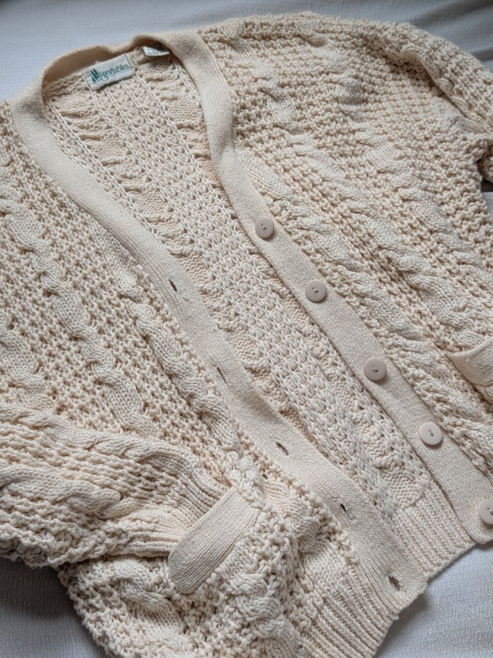 Vintage Ivory Cotton Chunky Cableknit Coastal Grandmacore Cardigan Large